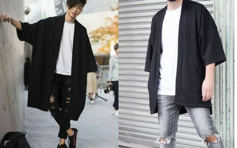 kimono nam kết hợp áo thun trắng và quần jeans